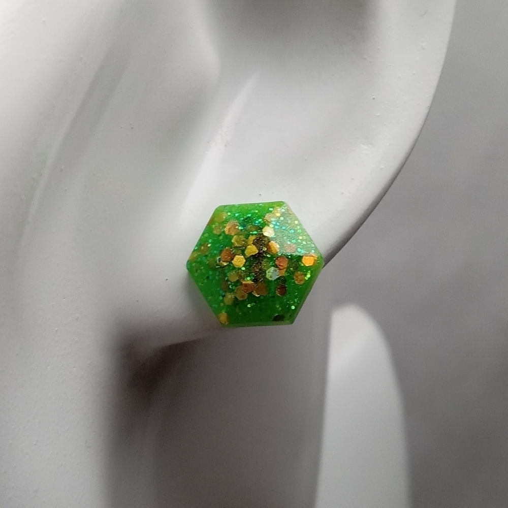 5/$25 Green and Gold Hexagon Stud Earrings
